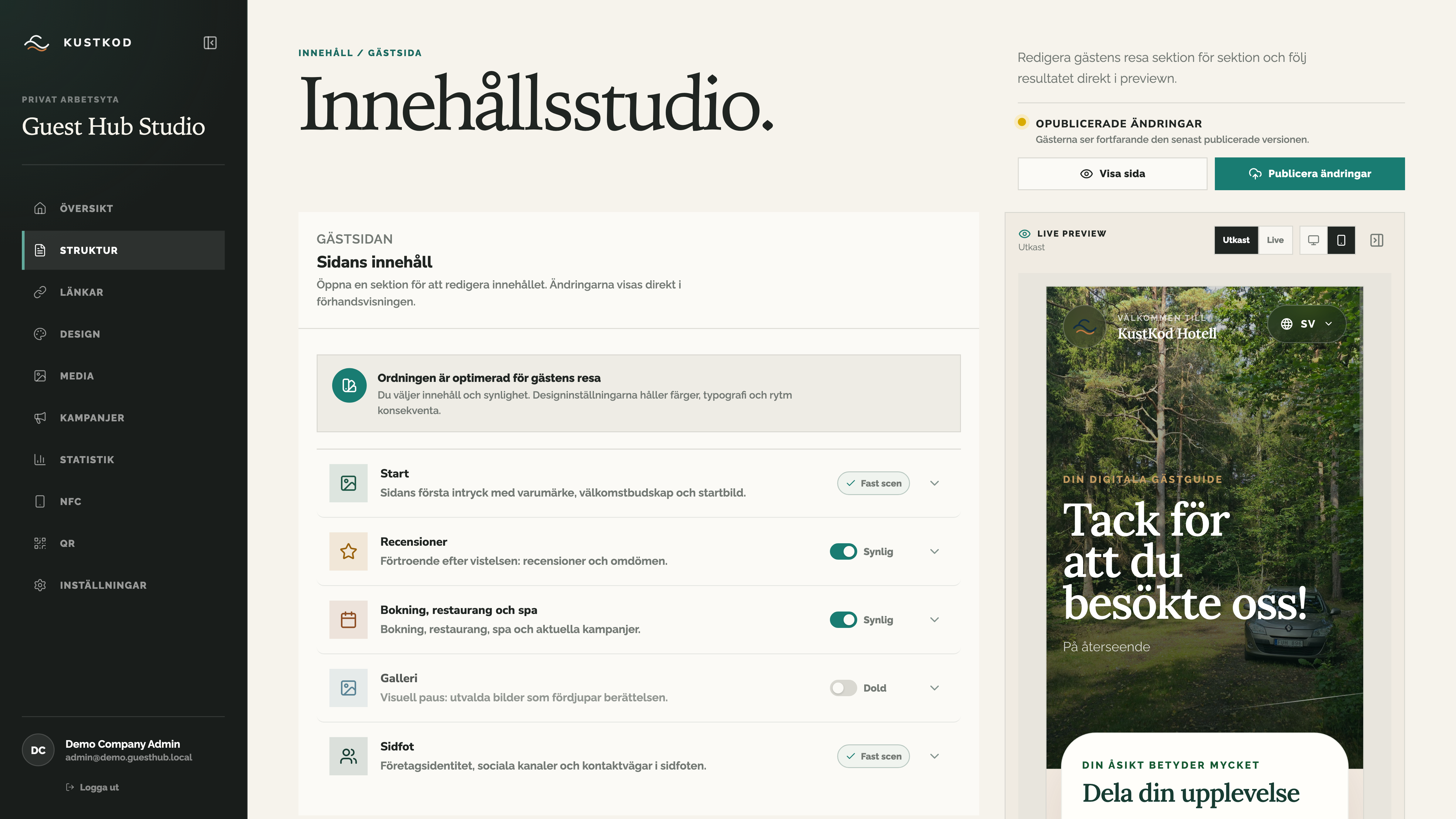 Guest Hub Studio där innehåll redigeras tillsammans med en live-preview av gästsidan