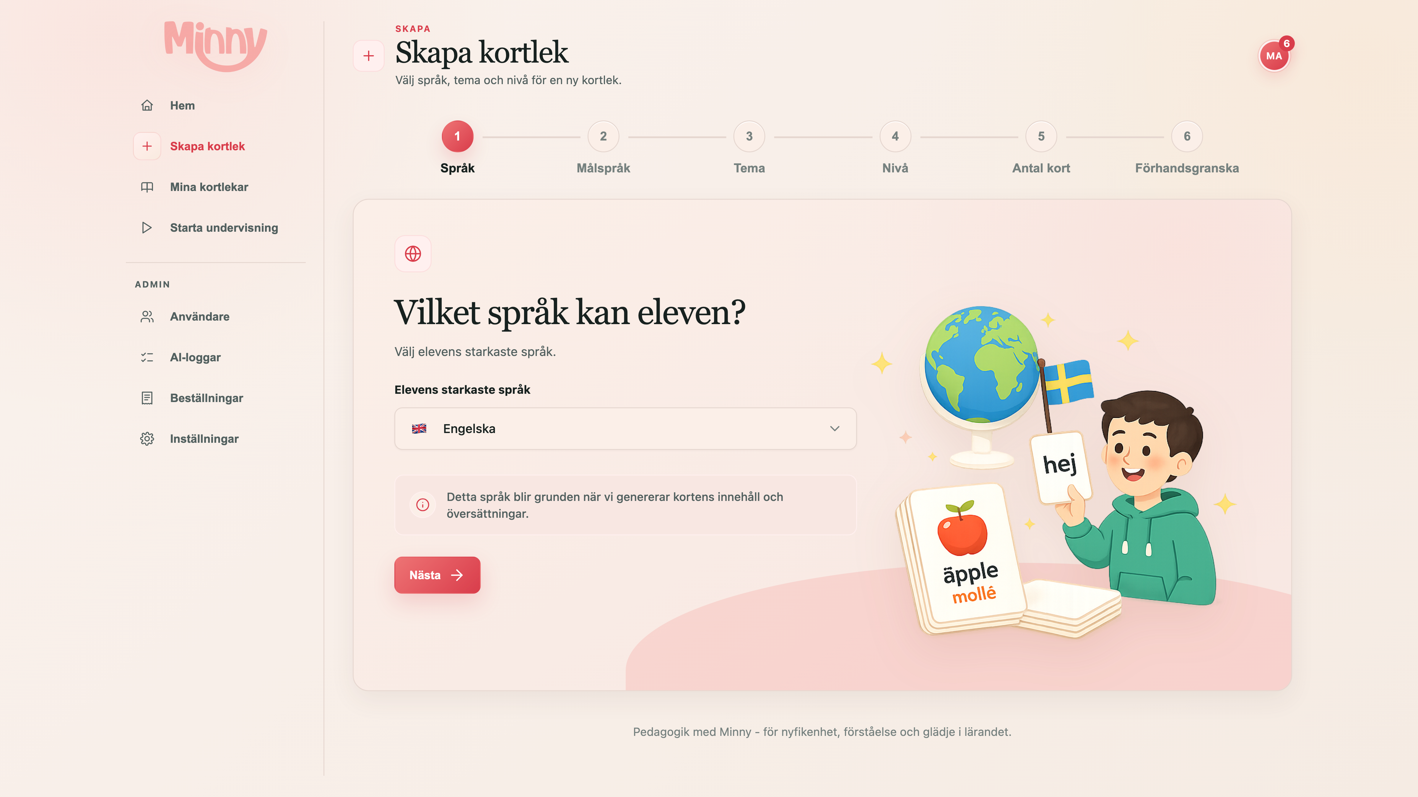 Minnys stegvisa flöde för att skapa en språkkortlek
