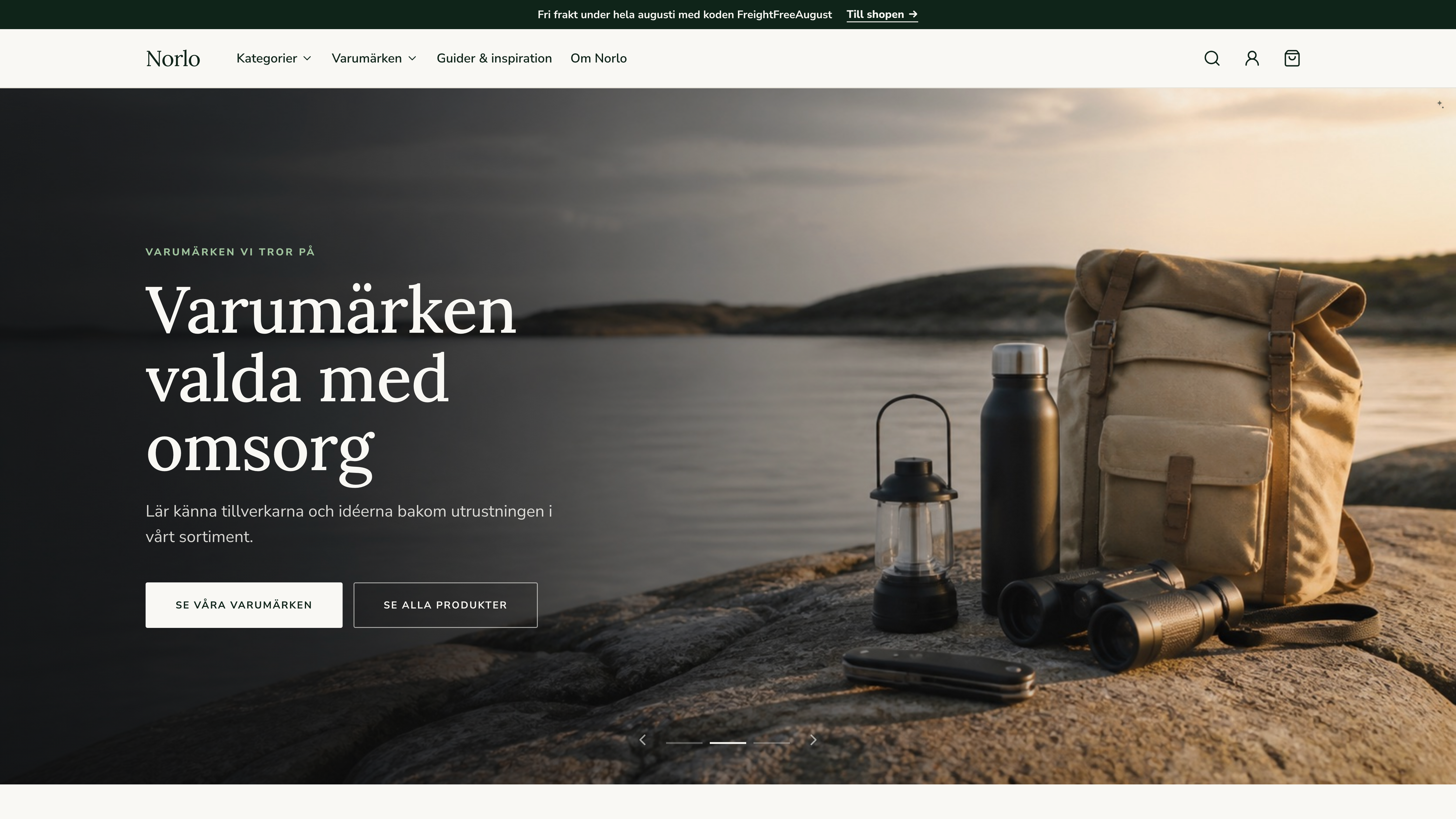Norlos Storefront med hero-sektionen Varumärken valda med omsorg